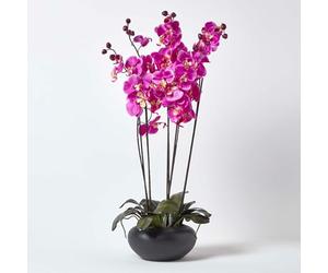 HOMESCAPES Large Oriental Style Cerise Orchid with Silk Flowers in Black Round Planter Pot 79 cm tall - Artificial Flowers and Plants for Indoor Decoration