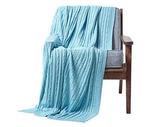HOMESCAPES Large Pastel Blue Cable Knit Throw 150 x 200 cm Combed Cotton Soft and Cosy Blanket Bed and Sofa Throw For Small Sofas and Double Beds