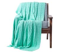 HOMESCAPES Large Pastel Green Cable Knit Throw 150 x 200 cm Combed Cotton Soft and Cosy Blanket Bed and Sofa Throw For Small Sofas and Double Beds