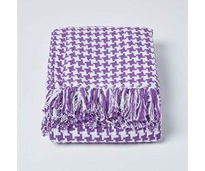 HOMESCAPES Large Purple Houndstooth Throw 90 x 100 Inches or 228cm x 254cm, 100% Cotton Bed Throw Blanket for Single, Double and Queen Sized Beds