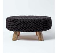 HOMESCAPES Large Round Cotton Knitted Footstool on Legs - Black