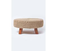 Homescapes Large Round Cotton Knitted Footstool On Legs In Beige Beige