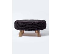 Homescapes Large Round Cotton Knitted Footstool On Legs In Black Black One Size