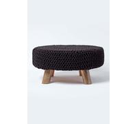 HOMESCAPES Black Knitted Pouffe Footstool Occasional Seat 100% Cotton for Living Room Children or the Elderly