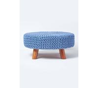 Homescapes Large Round Cotton Knitted Footstool On Legs In Blue Blue