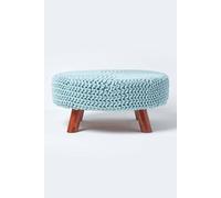 Homescapes Large Round Cotton Knitted Footstool On Legs In Bright Blue Bright Blue