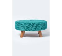 Homescapes Large Round Cotton Knitted Footstool On Legs In Green