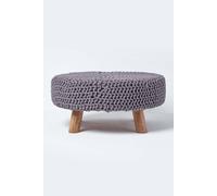 Homescapes Large Round Cotton Knitted Footstool On Legs In Grey Grey