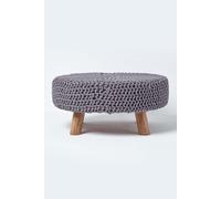 HOMESCAPES Sea Grey Knitted Pouffe Footstool Occasional Seat 100% Cotton for Living Room Children or the Elderly