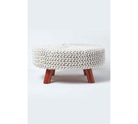 (Natural) Knitted Cotton Footstool with Wooden Legs Large 62 x 62 x 30 cm