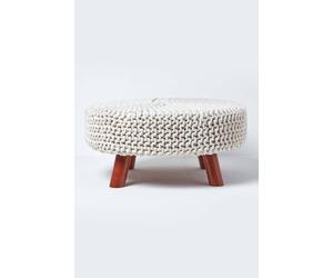 Homescapes Large Round Cotton Knitted Footstool On Legs In Natural Natural