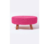 Homescapes Hot Pink Large Round Cotton Knitted Footstool On Legs