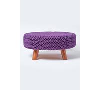 (Purple) Knitted Cotton Footstool with Wooden Legs Large 62 x 62 x 30 cm