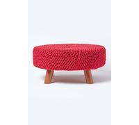 Homescapes Large Round Cotton Knitted Footstool On Legs In Red Red One Size