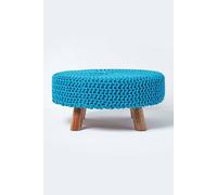 Homescapes Large Round Cotton Knitted Footstool On Legs In Teal