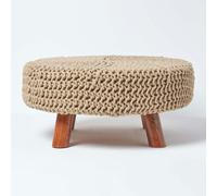 HOMESCAPES Large Round Cotton Knitted Footstool on Legs - Linen