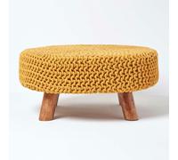 HOMESCAPES Large Round Cotton Knitted Footstool on Legs - Mustard