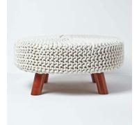 HOMESCAPES Large Round Cotton Knitted Footstool on Legs - Natural