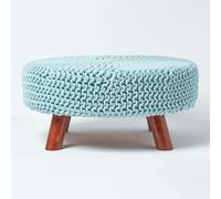 HOMESCAPES Large Round Cotton Knitted Footstool on Legs - Pastel Blue