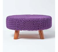 HOMESCAPES Large Round Cotton Knitted Footstool on Legs - Purple