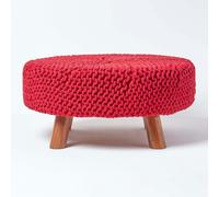 HOMESCAPES Large Round Cotton Knitted Footstool on Legs - Red