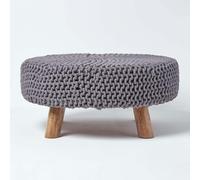 HOMESCAPES Large Round Cotton Knitted Footstool on Legs - Sea Grey