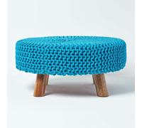 Homescapes Large Round Cotton Knitted Footstool On Legs In Teal Teal One Size