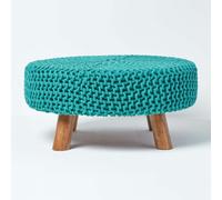 HOMESCAPES Large Round Cotton Knitted Footstool on Legs - Teal Green