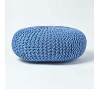 HOMESCAPES Large Round Cotton Knitted Pouffe Footstool - Blue