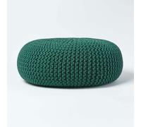 HOMESCAPES Large Round Cotton Knitted Pouffe Footstool - Forest Green