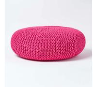 HOMESCAPES Large Round Cotton Knitted Pouffe Footstool - Hot Pink