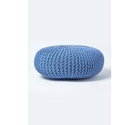 Homescapes Large Round Cotton Knitted Pouffe Footstool In Blue Blue One Size