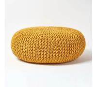 HOMESCAPES Large Round Cotton Knitted Pouffe Footstool - Mustard