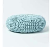 HOMESCAPES Large Round Cotton Knitted Pouffe Footstool - Pastel Blue