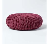 HOMESCAPES Large Round Cotton Knitted Pouffe Footstool - Plum