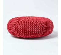 HOMESCAPES Large Round Cotton Knitted Pouffe Footstool - Red