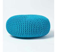 HOMESCAPES Large Round Cotton Knitted Pouffe Footstool - Teal Blue