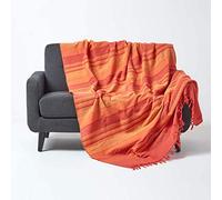 HOMESCAPES Large Terracotta Orange Throw “Morocco” Cotton Textured Stripe Throw 225 x 255 cm Bedspread Sofa Throw Handmade Suitable for 2 or 3 Seater Sofa or Double and King Size Beds Machine Washable