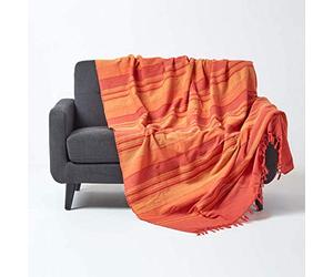 HOMESCAPES Large Terracotta Orange Throw “Morocco” Cotton Textured Stripe Throw 225 x 255 cm Bedspread Sofa Throw Handmade Suitable for 2 or 3 Seater Sofa or Double and King Size Beds Machine Washable