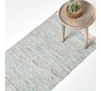 HOMESCAPES Leather Glitter Rug - Silver & Natural - 66 x 200 cm