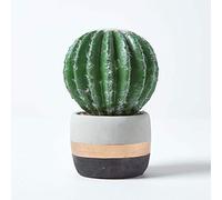 HOMESCAPES Lifelike Artificial 'Echinocactus' In Cream, Black & Gold Decorative Stone Pot Faux Succulent Decoration For Home Or Office, Measures 19cm Tall