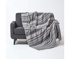 HOMESCAPES Light Grey Throw “Morocco” Cotton Textured Stripe Throw 150 x 200cm Bedspread Sofa Throw Handmade Suitable for Armchairs and 2 Seater Sofas or Single and Double Beds Machine Washable