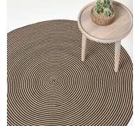 HOMESCAPES Linen and Black Handwoven Braided Spiral Rug 120cm Round Pattern Large Cotton Rug