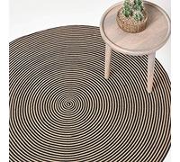 HOMESCAPES Linen and Black Handwoven Braided Spiral Rug 150cm Round Pattern Large Cotton Rug