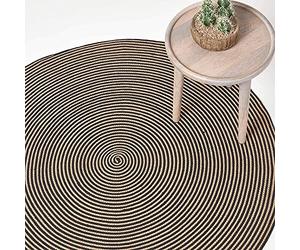 HOMESCAPES Linen and Black Handwoven Braided Spiral Rug 150cm Round Pattern Large Cotton Rug