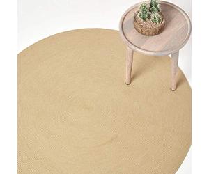 HOMESCAPES Linen Handmade Braided Round Rug For Bedroom & Living Room Light Brown Reversible Woven Cotton Circular Rug, 150 cm