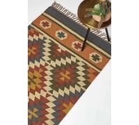 HOMESCAPES Orange & Blue Handwoven Kilim Rug Carpet Runner for Hallway 80 x 180 cm Traditional Geometric ‘'Lucea' Jute & Wool Rug with Tassels
