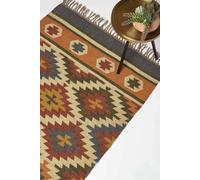HOMESCAPES Orange & Blue Handwoven Kilim Rug 90 x 150 cm Jute & Wool Living Room Area Rug ‘Lucea’ with Traditional Geometric Pattern & Tassels