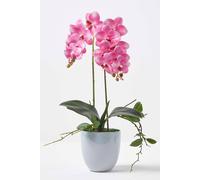 HOMESCAPES Artificial Pink Orchid in Pot 54 cm Tall Lifelike Faux Orchid Plant In Grey Ceramic Pot Real Touch Silk Flowers and Green Leaves Phalaenopsis Orchid Flower for Indoor Decoration