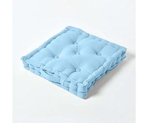 HOMESCAPES Luxury Floor Cushion Plain 100% Cotton Blue 40 x 40 x 8cm, Booster Cushion Seat Chair Pad Dining Thick & Plush Garden Floor Pillow for Kids Elderly Pets Indoor Outdoor Use